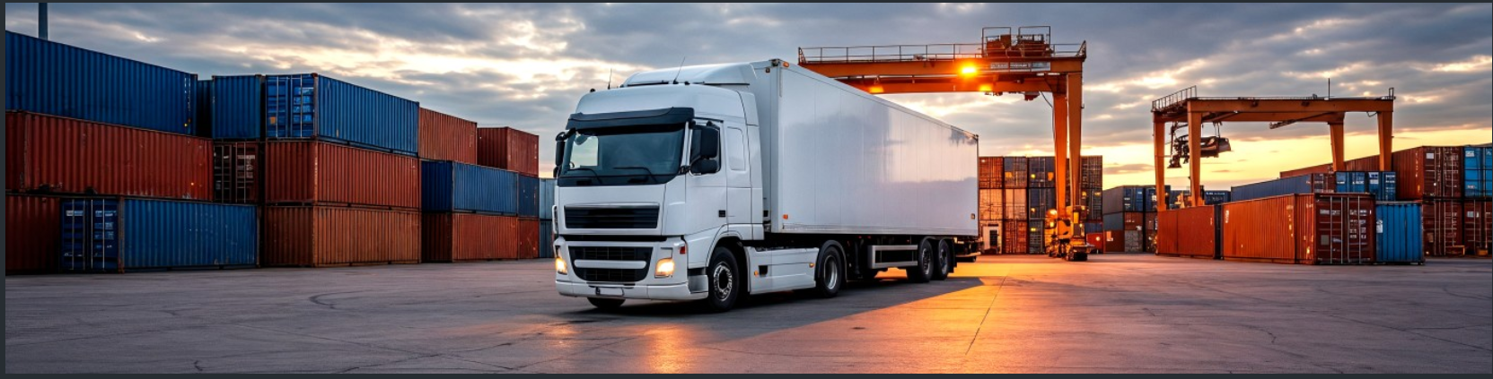 White freight truck at a container port terminal at sunset, with gantry cranes and stacked shipping containers