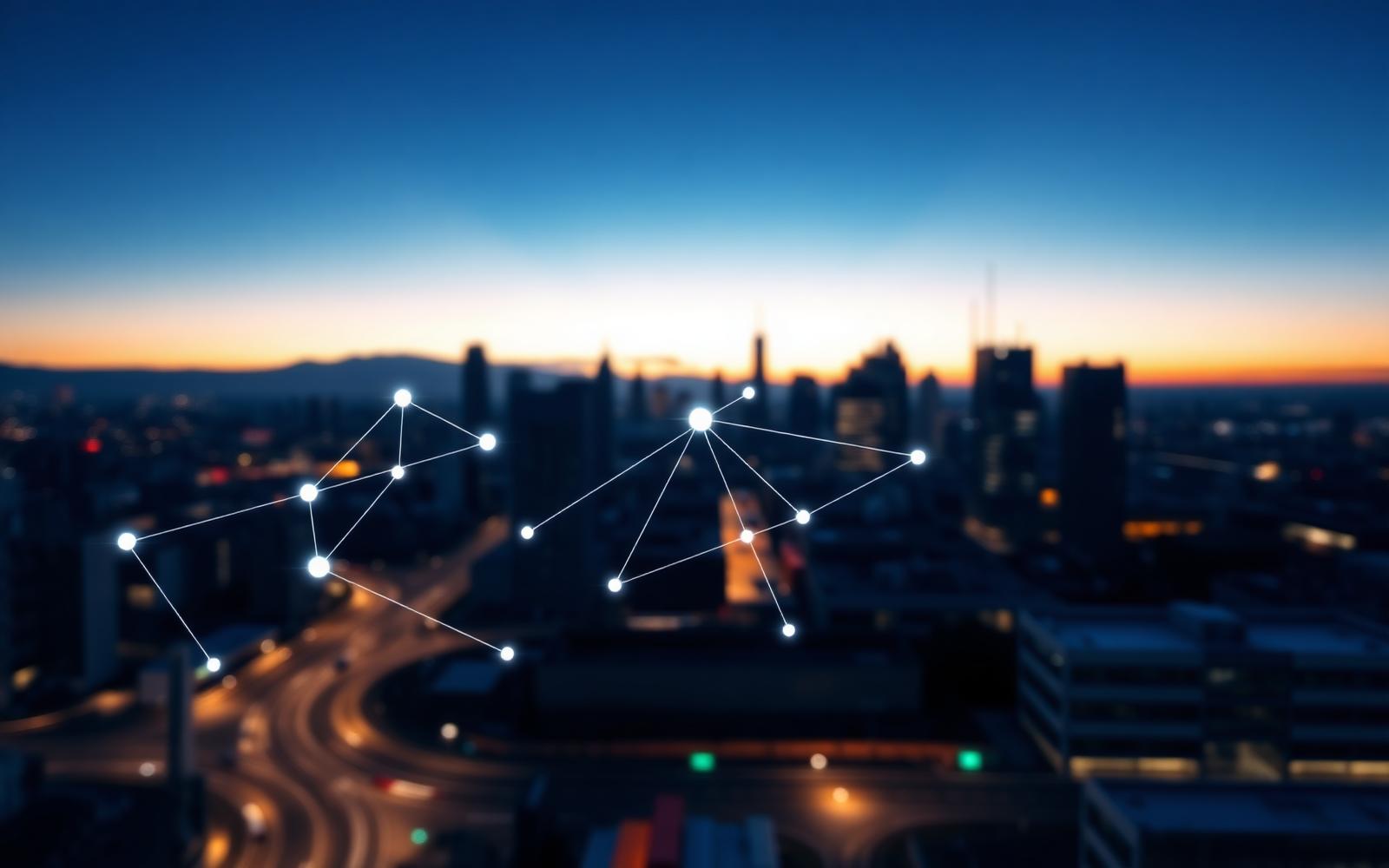 Connected logistics network over a city skyline at dusk