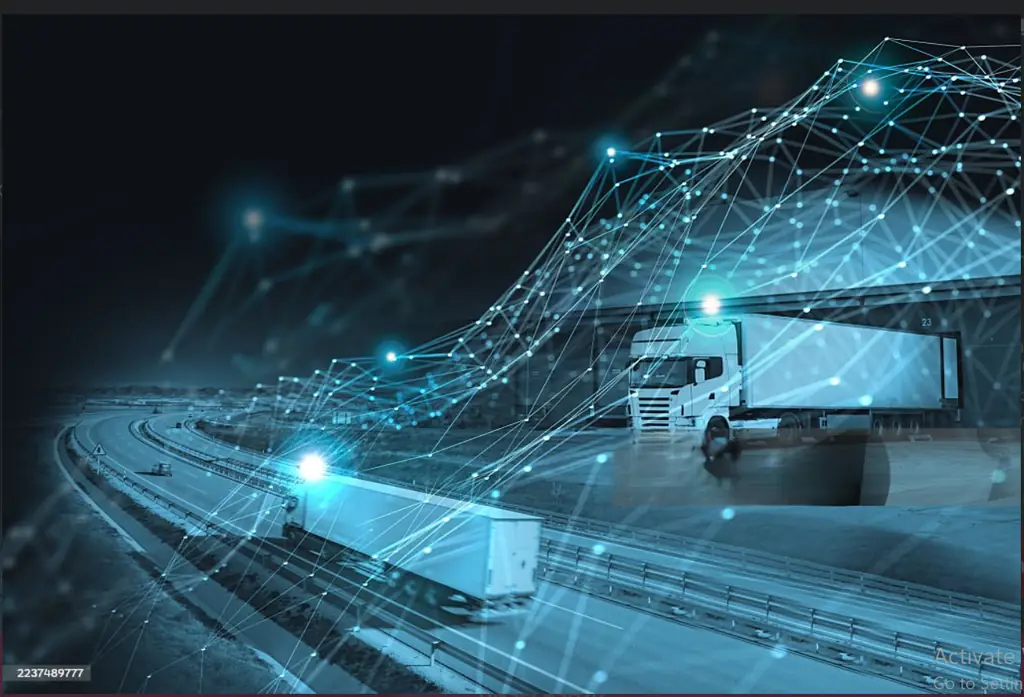 Haulage trucks on a highway at night overlaid with a glowing digital tracking network